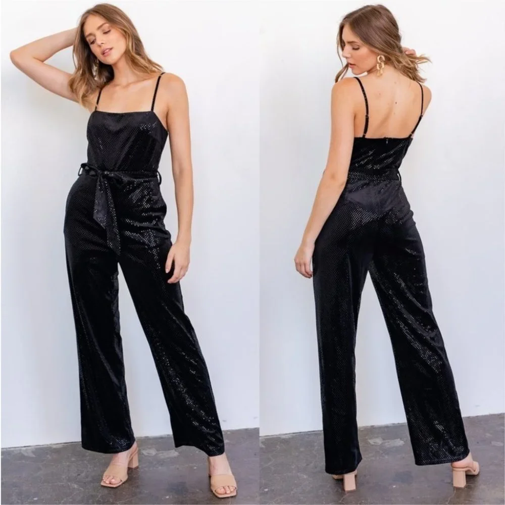 VELVET JUMPSUIT WITH BELTED WAIST - Picture 1 of 4